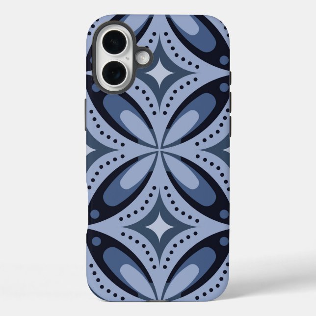Funda iPhone 16 Plus Patrón geométrico azul estilo retro (Reverso )