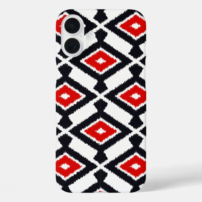 Funda iPhone 16 Plus Patrón Ikat - rojo oscuro, negro y blanco (Reverso )