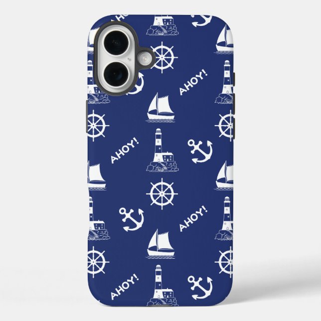 Funda iPhone 16 Plus Patrón ilustrativo de navegación Blanco+Azul marin (Reverso )
