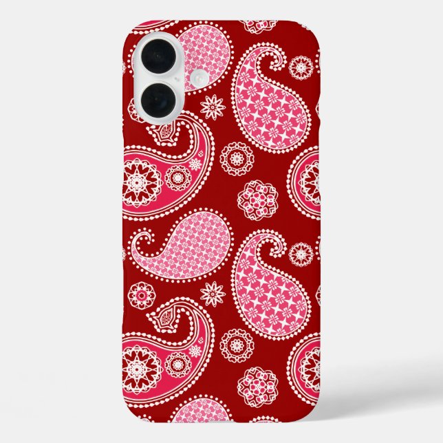 Funda iPhone 16 Plus Patrón paisley, rojo oscuro, rosa y blanco (Reverso )