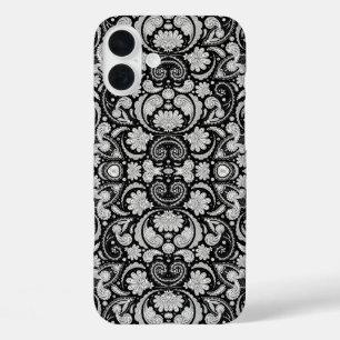Funda iPhone 16 Plus Patrones de cachemira vintage negros y blancos lin