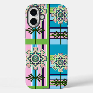 Funda iPhone 16 Plus Patrones geométricos retro y flores de fantasía