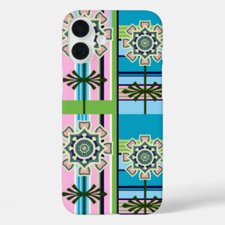 Funda iPhone 16 Plus Patrones geométricos retro y flores de fantasía