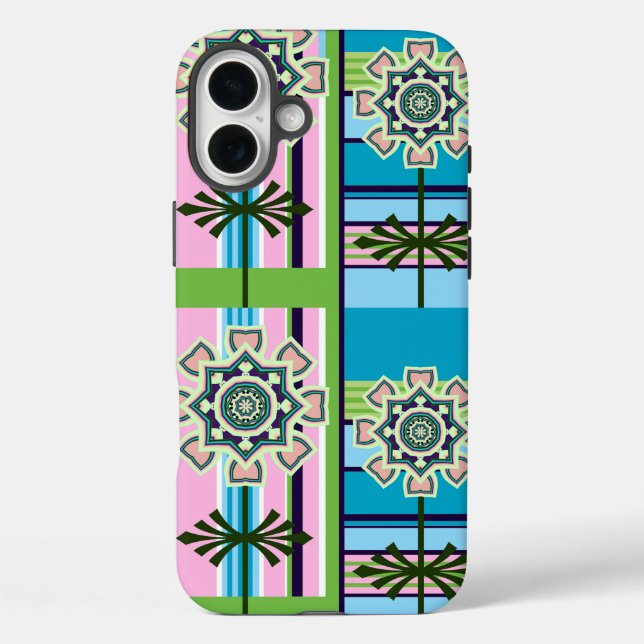 Funda iPhone 16 Plus Patrones geométricos retro y flores de fantasía (Reverso )