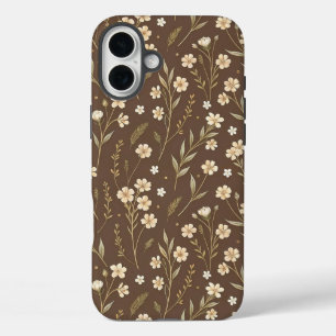 Funda iPhone 16 Plus Pattern Wildflowers Brown Background