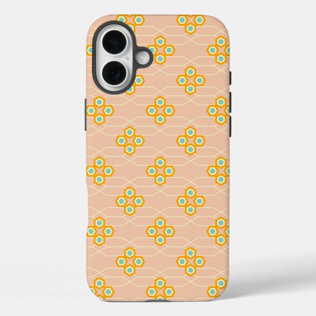 Funda iPhone 16 Plus Peach background hexagonal floral pattern  (Reverso )
