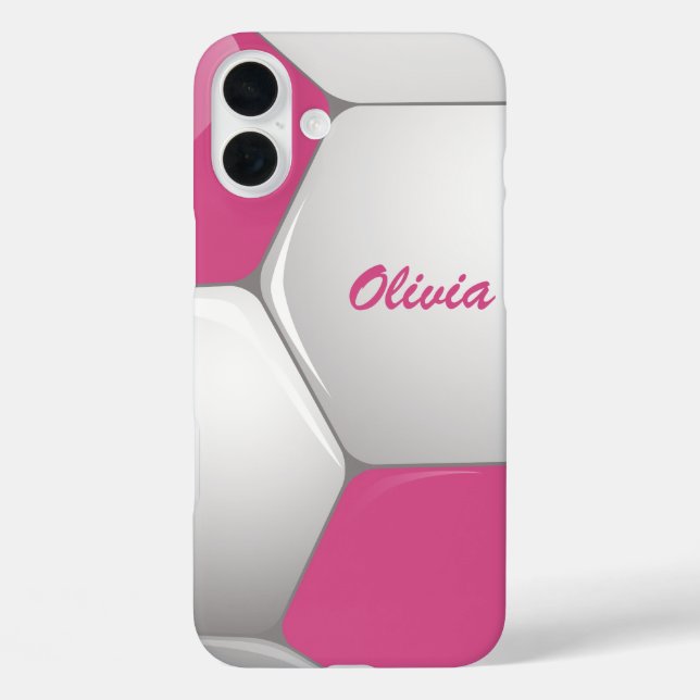 Funda iPhone 16 Plus Pelota de fútbol de personalizable rosa y blanca (Reverso )