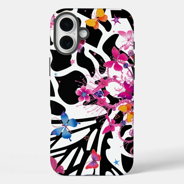 Funda iPhone 16 Plus Pequeña Princesa, mariposas lindas y negras (Reverso )