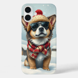 Funda iPhone 16 Plus Perro Guay con atuendo y Gorra de invierno precoz