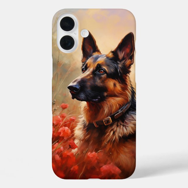 Funda iPhone 16 Plus Perro pastor alemán en amapolas (Reverso )