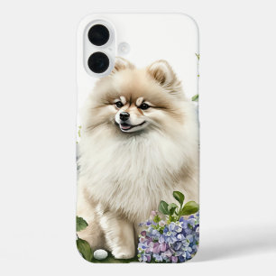 FUNDA iPhone 16 PLUS PERRO POMERANÍ DE COLOR CREMA EN FLORES DE SALVAJE