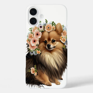 FUNDA iPhone 16 PLUS PERRO POMERANÍ EN FLORES DE SALVAJES