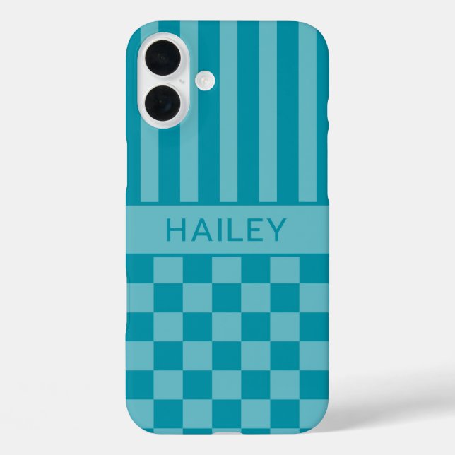 Funda iPhone 16 Plus Personalizado a cuadros y rayas azul verde (Reverso )