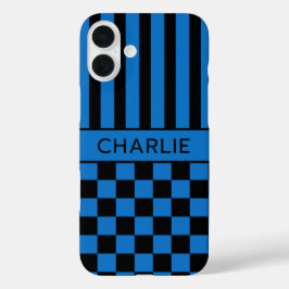 Funda iPhone 16 Plus Personalizado con Cuadros Negros y Azules Rayados
