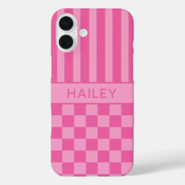 Funda iPhone 16 Plus Personalizado con Cuadros Rosados y Rayas