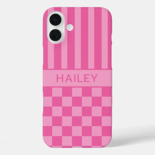 Funda iPhone 16 Plus Personalizado con Cuadros Rosados y Rayas