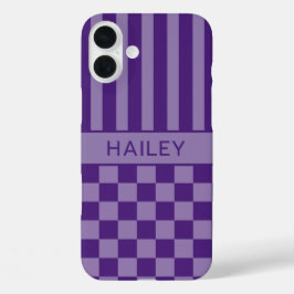 Funda iPhone 16 Plus Personalizado con Cuadros y Rayas Moradas