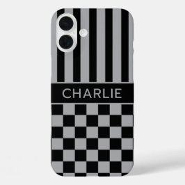 Funda iPhone 16 Plus Personalizado con Cuadros y Rayas Negras y Grises