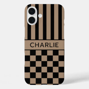 Funda iPhone 16 Plus Personalizado con cuadros y rayas negras y marrone