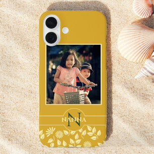 Funda iPhone 16 Plus Personalizado Familia Foto Monograma Patrón Oro