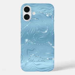 Funda iPhone 16 Plus Personalizado Moda Azul Plata Purpurina Patrón Gir
