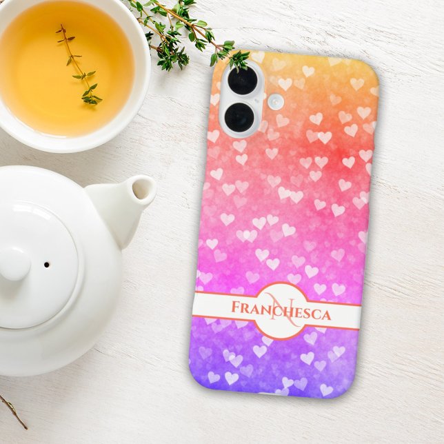 Funda iPhone 16 Plus Personalizado Monograma Nombre Arcoiris Corazón Bo (personalized name and monogram iPhone case)