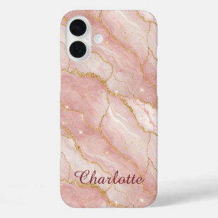 Funda iPhone 16 Plus Personalized Modern Rose Quartz Marble Gold