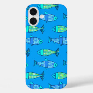 Funda iPhone 16 Plus Pescado retro moderno, turquesa y azul ceruleano