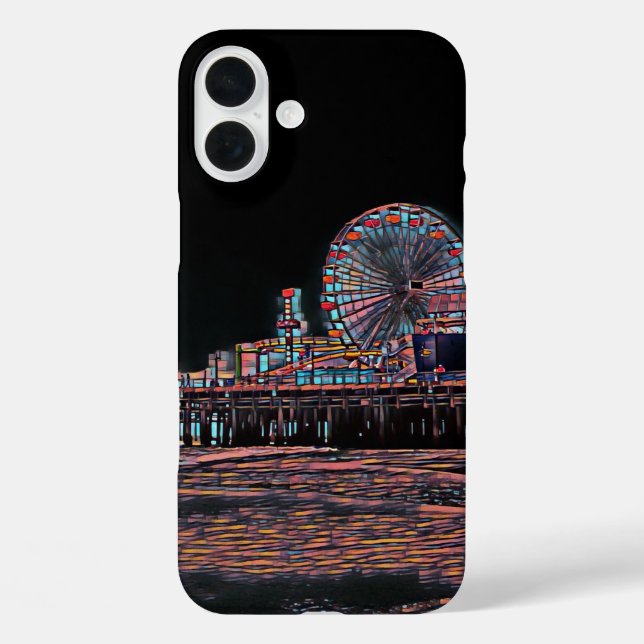 Funda iPhone 16 Plus Pier Santa Monica de vidrio negro con manchas (Reverso )