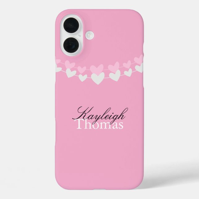 Funda iPhone 16 Plus Pink and White Hearts Personalized (Reverso )