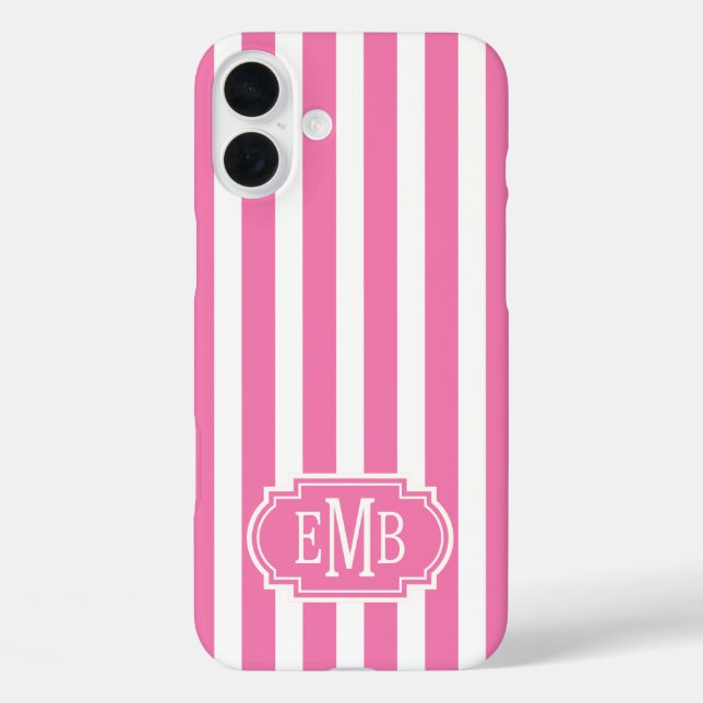 Funda iPhone 16 Plus Pink and White Monogrammed Stripes (Reverso )