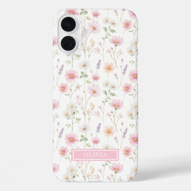Funda iPhone 16 Plus Pink Wildflower Watercolor Monogrammed (Reverso )