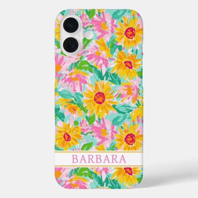 Funda iPhone 16 Plus Pintura de girasoles modernos monogramada (Reverso )