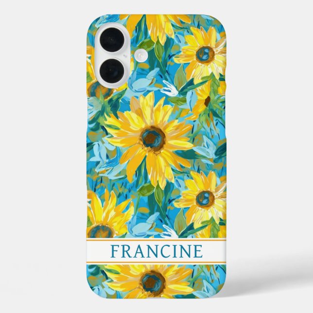 Funda iPhone 16 Plus Pintura de girasoles monogramada (Reverso )