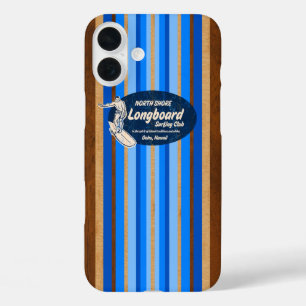 Funda iPhone 16 Plus Pipeline Surfboard Hawaii Stripes Blue