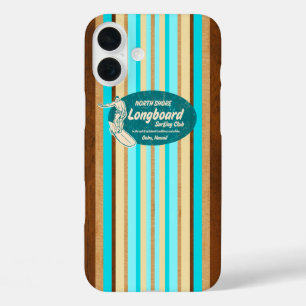 Funda iPhone 16 Plus Pipeline Surfboard Hawaiian Stripes Aqua 
