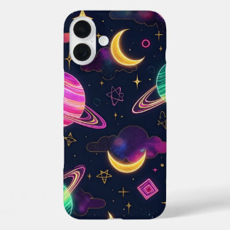 Funda iPhone 16 Plus Planetas de galaxia azul neón y violeta
