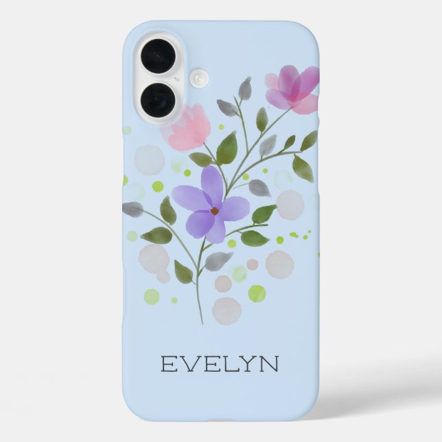 Funda iPhone 16 Plus Primer nombre inicial más nombre Evelyn con flores (Reverso )