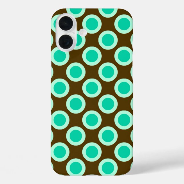 Funda iPhone 16 Plus Puntos retro en círculo, marrón y turquesa (Reverso )