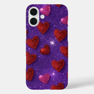 FUNDA iPhone 16 PLUS PURPLE CON CORAZONES ROJOS Y PURPURINAS ROJOS