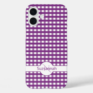 Funda iPhone 16 Plus Purple Gingham Check Monogramado Personalizado Fun