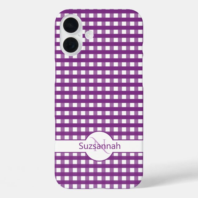 Funda iPhone 16 Plus Purple Gingham Check Monogramado Personalizado Fun (Reverso )