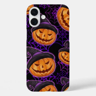 FUNDA iPhone 16 PLUS PURPLE HALLOWEB SPIDER WEBS Y PUMPKINS NARANJAS