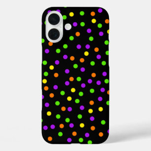 FUNDA iPhone 16 PLUS PURPLE NARANJA VERDE PUNTOS DE POLKA NEGROS HALLOW