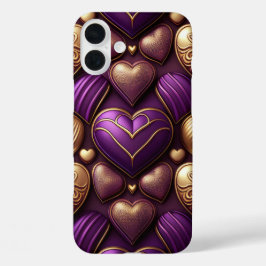 FUNDA iPhone 16 PLUS PURPLE Y GOLD VALENTINE LOVE HEARTS
