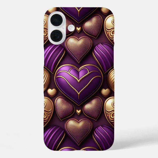 FUNDA iPhone 16 PLUS PURPLE Y GOLD VALENTINE LOVE HEARTS (Reverso )