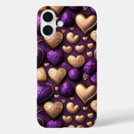FUNDA iPhone 16 PLUS PURPLE Y GOLD VALENTINE LOVE HEARTS