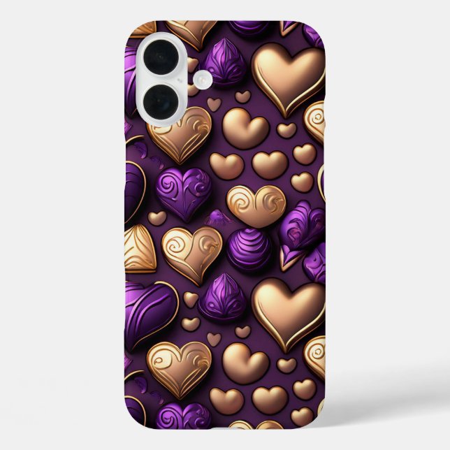 FUNDA iPhone 16 PLUS PURPLE Y GOLD VALENTINE LOVE HEARTS (Reverso )