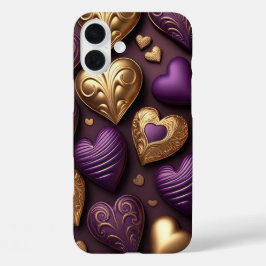 FUNDA iPhone 16 PLUS PURPLE Y GOLD VALENTINE LOVE HEARTS