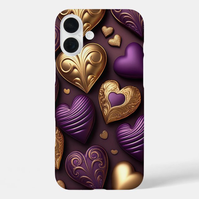FUNDA iPhone 16 PLUS PURPLE Y GOLD VALENTINE LOVE HEARTS (Reverso )